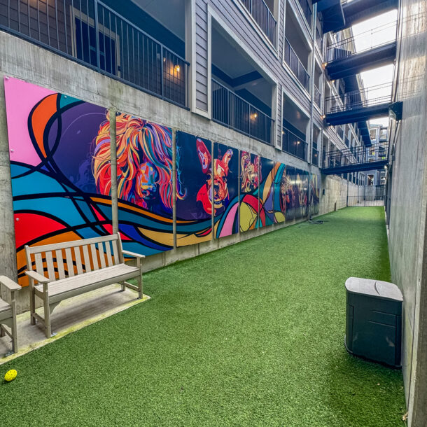 grassy walkway with painted walls